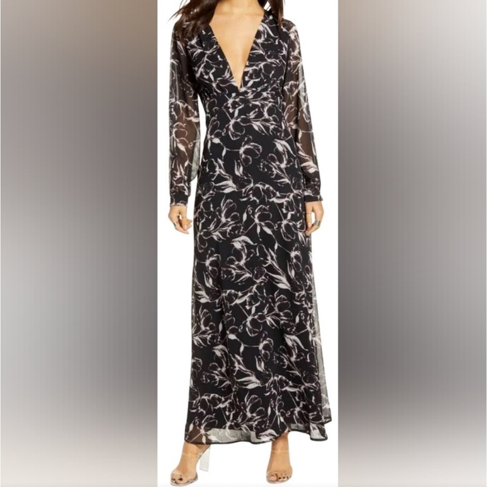 Leith Black and White Floral Long Sleeve Dress